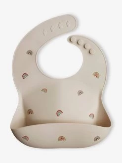 Bavoir Avec Récupérateur MUSHIE En Silicone Beige/arc En Ciel - Mushie